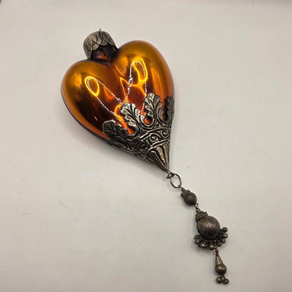 Vintage Amber Mercury Glass Heart Ornament Silver Filigree Beaded Tassel 9.5in